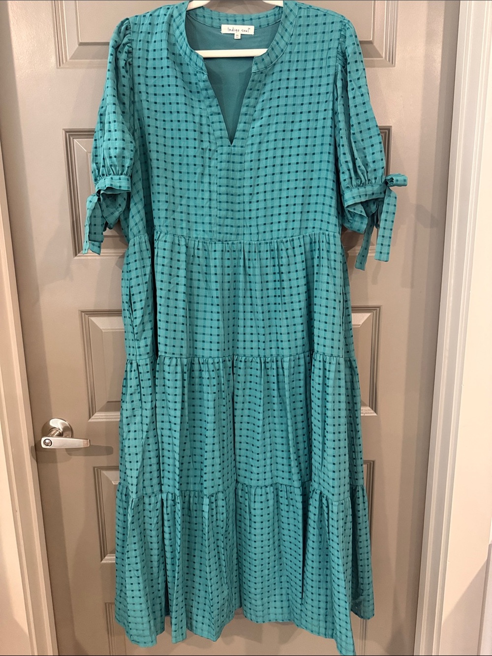Indigo Soul Teal Tiered Maxi Dress with Subtle Check